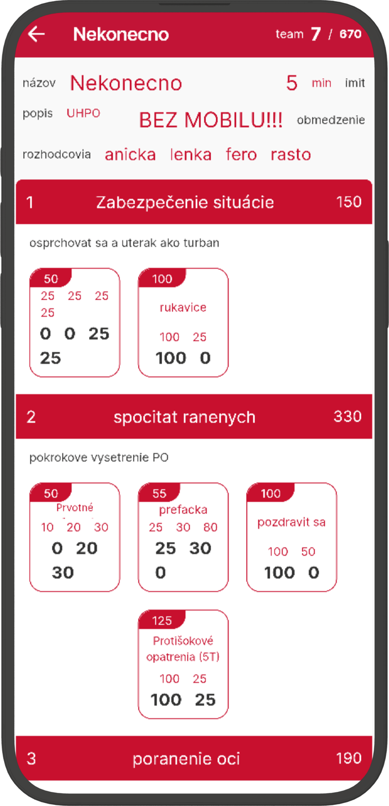 Scoring form for a situation